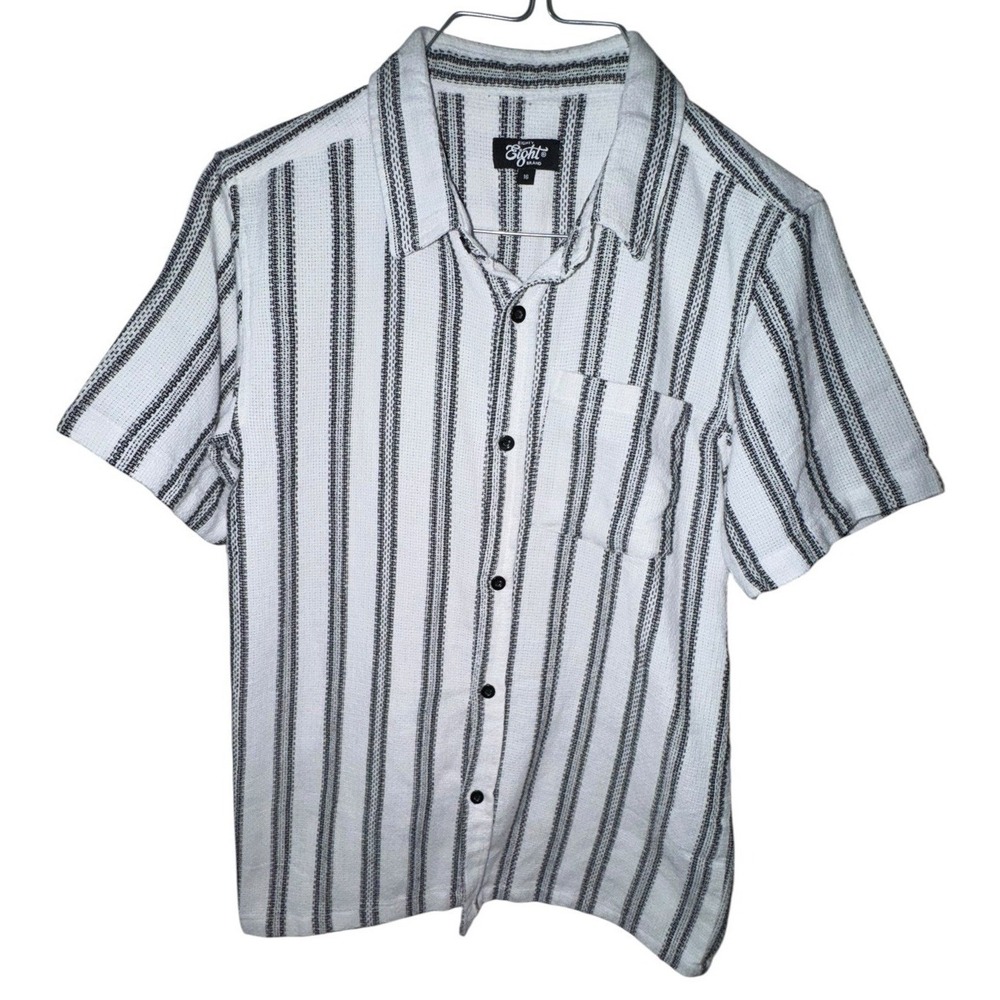 Eighty Brand Boys Size 16 Button Front Shirt White Black Stripe Short Sleeve